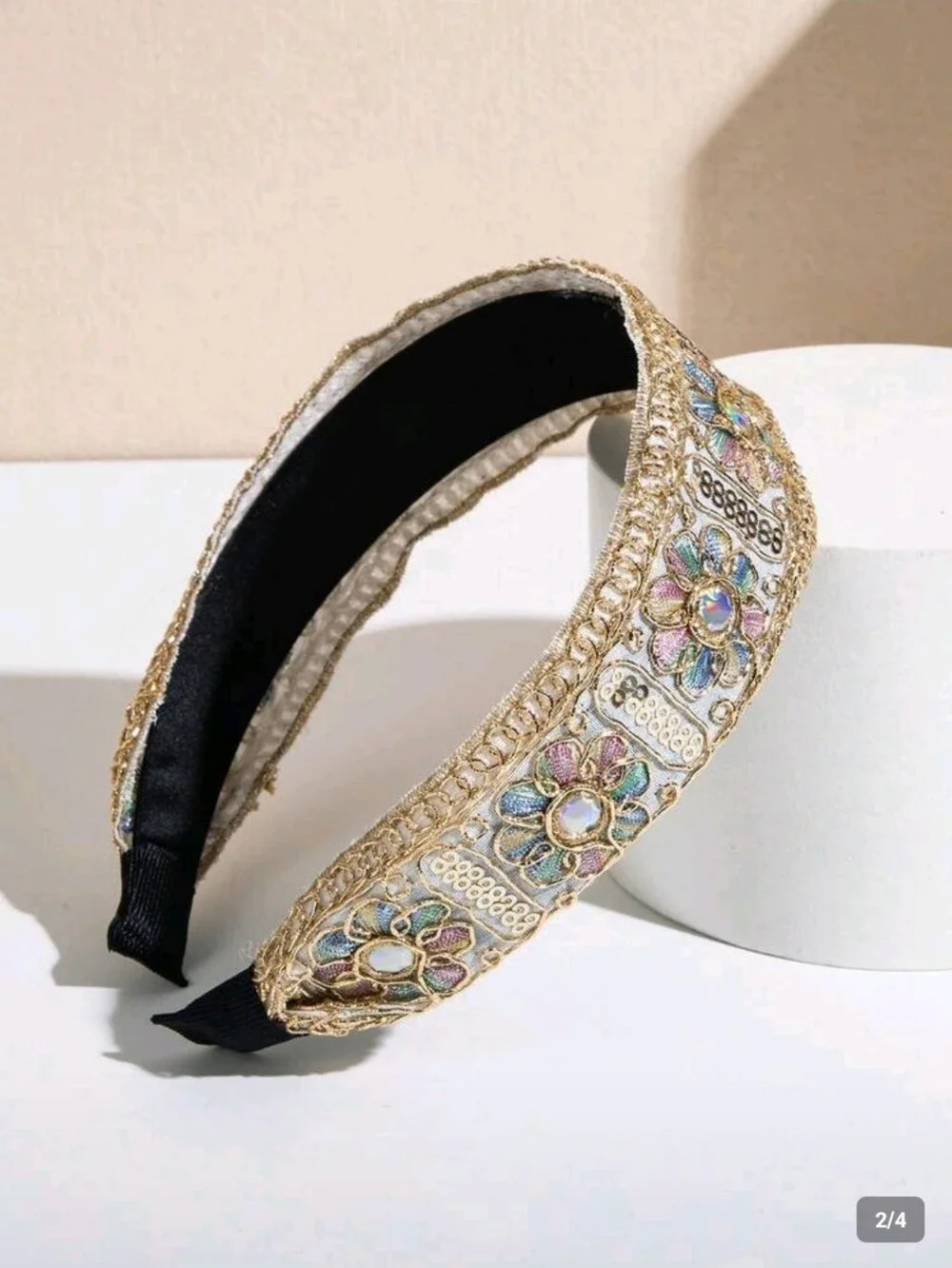 Boho Light Gold Floral Embroidered Headband